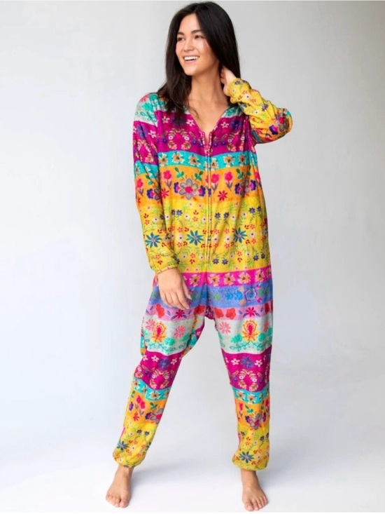 NATURAL LIFE Pants - Natural Life Fleece One Piece Pajama Jumpsuit Floral Magenta Border Boho M